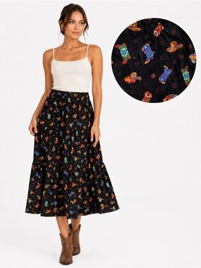 Vintage Billings Western Tiered Midi Skirt Cowgirl Boot Print Black Medium